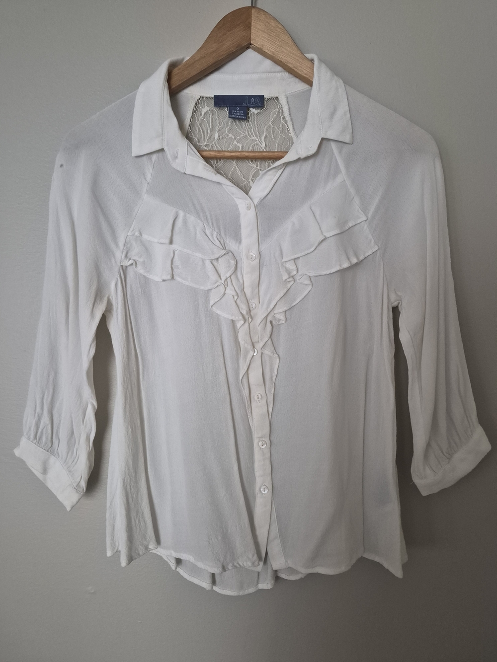 Lil White/Ivory Ruffle Blouse Lace Back 3/4 Sleeve Romantic Boho Top
